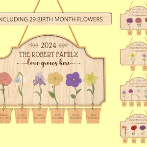 Gepersonaliseerde familie geboortemaand bloemen liefde groeit hier hout teken svg, familiebord met tags svg, Moederdag cadeau svg, lasergesneden Glowforge