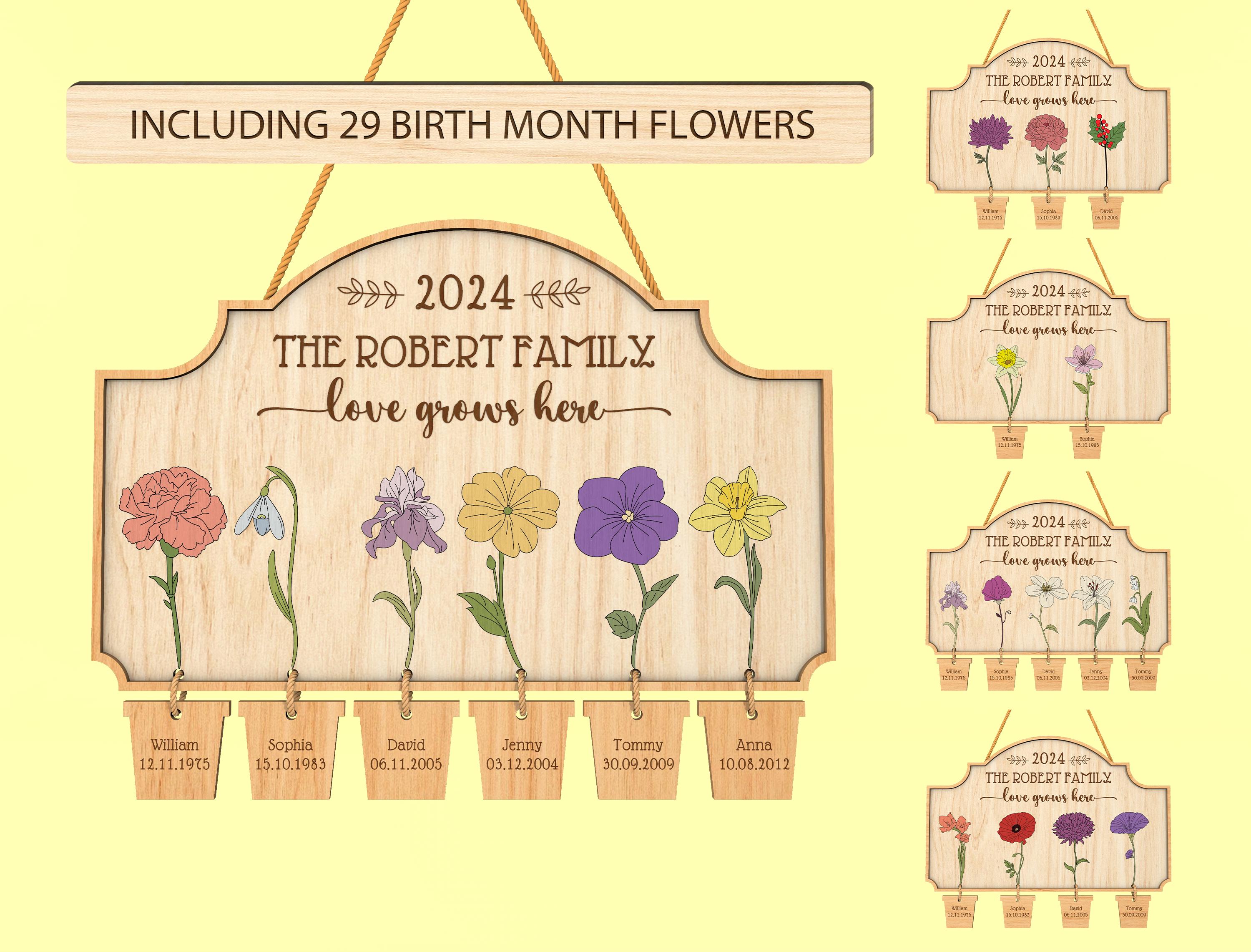 Personalized Family Birth Month Flowers Love Grows Here Wood Sign Svg ...