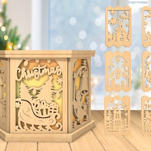 Fichier découpé au laser 3D joyeux Noël porte-bougie chauffe-plat, lampe de crèche de Noël svg, svg lanterne bougie Santa Sleigh, découpé au laser Glowforge