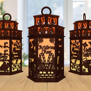 3D Merry Christmas Lantern Laser Cut File, Christmas Scene lantern svg, Santa Sleigh svg, Christmas Candle lantern svg,Laser Cut Glowforge