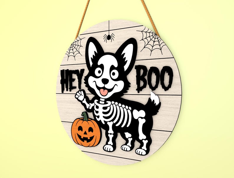 Hey Boo Skeleton Hey Boo Skeleton Dog Door Hanger SVG, Halloween Corgi & Poodle Door ...