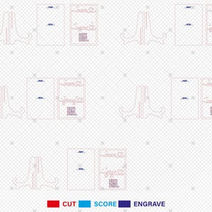 May include: A digital design file for a laser cut picture stand with a decorative sign that says "mom you're amazing". The design includes cut, score, and engrave lines.