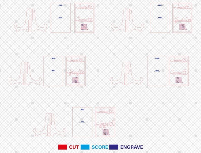 May include: A digital design file for a laser cut picture stand with a decorative sign that says "mom you're amazing". The design includes cut, score, and engrave lines.