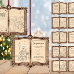 May include: A set of laser-cut wooden book-shaped ornaments featuring engraved biblical scenes and text from the Nativity story. Each ornament has a decorative frame, a red ribbon for hanging, and depicts illustrations like The Journey to Bethlehem.