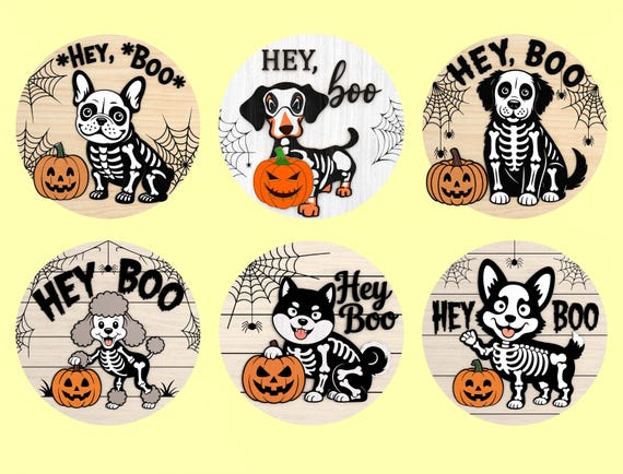Skeleton Dog Halloween Sign svg Bundle, Funny Hey Boo Ghost Dog Breed Wall Decor Door Hanger svg, Dog with Pumpkin svg, Laser Cut Glowforge
