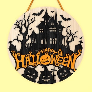 Happy Halloween Round Door Sign svg, Halloween Door Hanger svg, Haunted House svg, Halloween Decor svg, Laser Cut Glowforge, Digital