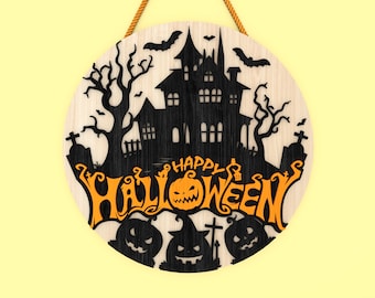 Happy Halloween Round Door Sign svg, Halloween Door Hanger svg, Haunted House svg, Halloween Decor svg, Laser Cut Glowforge, Digital