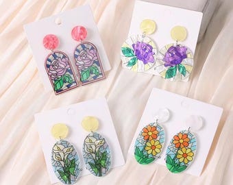 Boucle d’oreille fleur et rose - vitraux disney