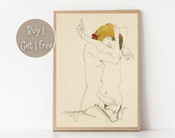 Deux femmes s'embrassant par Egon Schiele Print Poster | Art déco | Impression lesbienne | Affiche lesbienne | Décoration murale pour la maison | art célèbre vintage