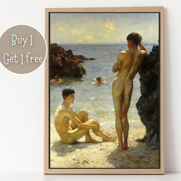 Bathing by Henry Scott Print Poster | Gay Art | Gay Print | Gay Poster | Home Decor Wall Art | Vintage Famous Art | Gay Painting