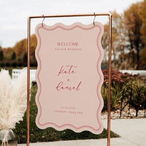 Wavy Wedding Sign Template | Pink Wave Wedding Sign | Modern Welcome Sign | Wavy Welcome Sign | Scalloped Edge | Party Welcome Sign