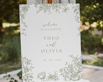 Green Wedding Welcome Sign | Floral Wedding Welcome Sign | French Rose Wedding Welcome Sign | Toile De Jouy Invite | Chinoiserie Wedding