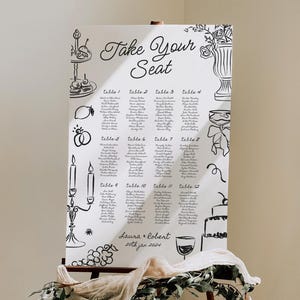 Planimetria per matrimonio disegnata a mano / Planimetria per matrimonio stravagante / Disposizione dei tavoli originale / Planimetria per matrimonio stravagante / Illustrazioni divertenti
