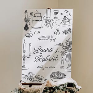 Letrero de bienvenida de boda dibujado a mano / Letrero de bienvenida / Ilustraciones de cenas / Boda italiana francesa / Divertidas ilustraciones manuscritas y peculiares / Garabatos