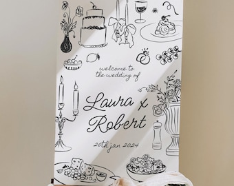 Hand-Drawn Wedding Welcome Sign: Whimsical Dinner Illustrations (Digital Download)