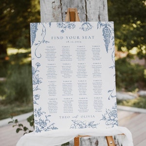 Stoffige blauwe bloemen bruiloft zitplaatsen | Chinoiserie-tafelsjabloon | Franse rozen | Tafelplattegrond | Toile De Jouy | Vintage