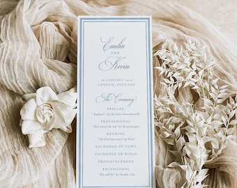 Blue Watercolor Wedding Program: Elegant Classic Ceremony Itinerary Template (Digital Download)