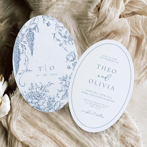 Oval Wedding Invitation | Dusty Blue Wedding Invitation | Blue Floral Wedding Invitation Template | Toile De Jouy Invite | Vintage Classic