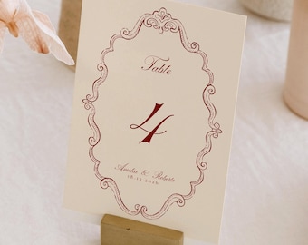 Tafelnummer bordeauxrode bruiloft: handgetekende illustraties (digitale download)