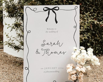 Wedding Welcome Sign Template | Black Bow Welcome Sign | Wedding Welcome | Fun Whimsical Trendy | Handwritten Fonts | French Style