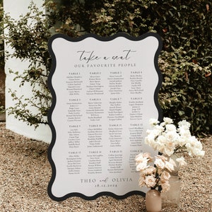 Puede incluir: Un cartel de boda blanco con texto negro y un borde ondulado. El cartel está titulado "Take a seat, our favourite people." y enumera los invitados por número de mesa. El cartel está firmado "Theo y Olivia, 18.12.2024."