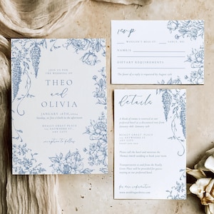 Invitación de boda en azul polvoriento / Plantilla de invitación de boda floral / Invitación de boda con rosas francesas / Invitación Toile De Jouy / Boda estilo chinoiserie