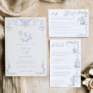 Dusty Blue Wedding Invitation Set | Blue Floral Wedding Invite | Vintage Wedding | French Roses Invite | Toile Wedding | Chinoiserie Wedding