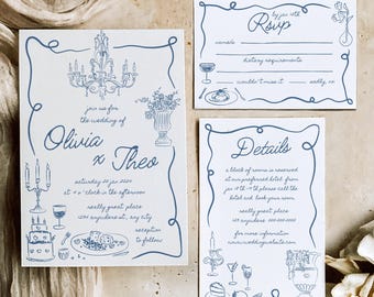 Hand Drawn Wedding Invitation Suite | Whimsical Invite | Fun Wedding Invitation | Handwritten illustrated Wedding | Italian French Wedding