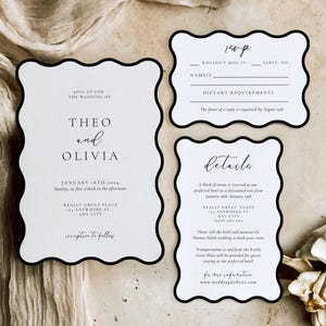 Editable Black Wavy Wedding Invitation Template | Wave Wedding Invitation | Minimal Wedding Invitation Set | Ripple Invite | Scalloped Edge