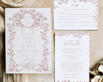 Dusty Pink Floral Wedding Invitation Template: Toile De Jouy (Digital Download)