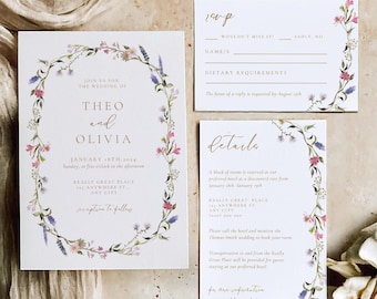 Florale Hochzeitseinladung Set: Wildblumenkranz Invite Set (Digitaler Download)