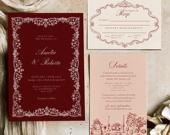Burgundy Wedding Invitation Suite: Hand-Drawn Illustrations (Digital Download)