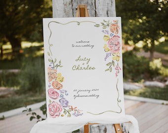 Hand Drawn Floral Wedding Welcome Sign | Garden Party Welcome Sign | Floral Welcome Sign | Handwritten illustrated Wedding | Welcome Sign