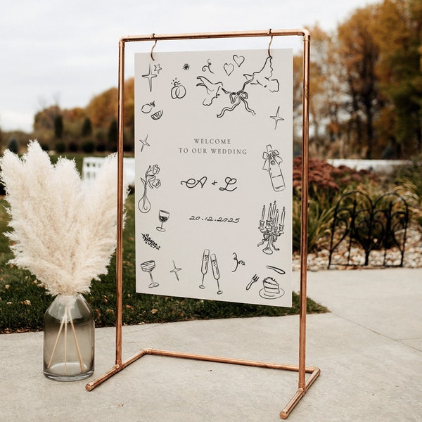 Wedding Welcome Sign Template | Whimsical Welcome Sign | Welcome Sign Template | Hand drawn | Scribble Illustrations | Fun Whimsical Trendy