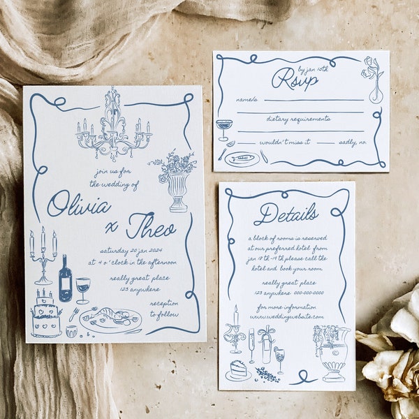 Suite d'invitations de mariage dessinées à la main | Invitation fantaisiste | Faire-part de mariage amusant | Mariage illustré manuscrit | Mariage italo-français