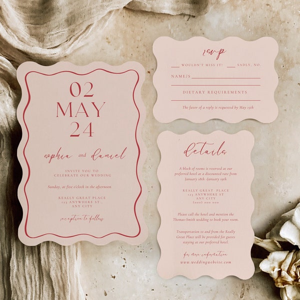 Editable Wavy Wedding Invitation Template | Pink Wave Wedding Invitation | Minimal Wedding Invitation Set | Ripple Invite | Scalloped Edge