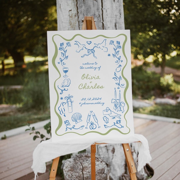 Whimsical Wedding Welcome Sign Template | Hand Drawn Welcome Sign | Doodle Illustrations | Handwritten | Fun Quirky Trendy | Welcome Sign