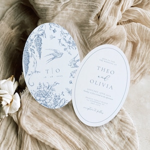 Oval Wedding Invitation | Dusty Blue Wedding Invitation | Blue Floral Wedding Invitation Template | Toile De Jouy Invite | Vintage Classic