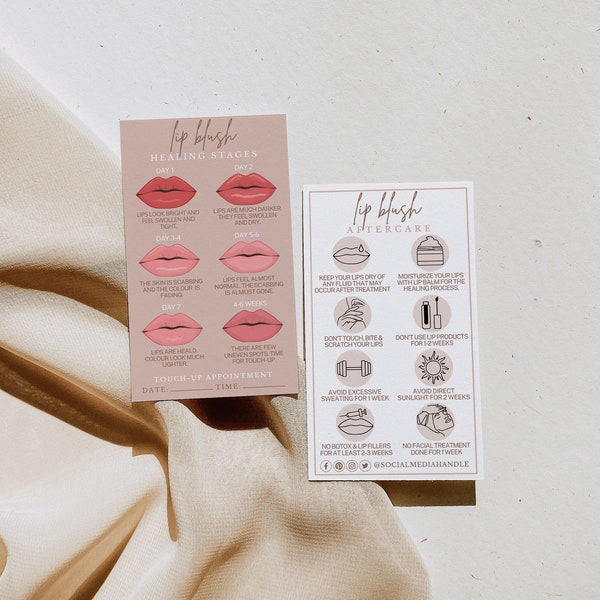 PMU Lip Blush Aftercare Template | Editable Lip Blush Healing Stages | Beauty Business Care | Pink Permanent Makeup Care Card | Lip Blush