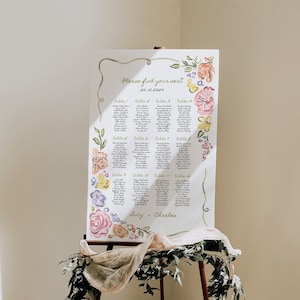 Handgetekende bloemen bruiloft zitplaatsen | Tafelschikking tuinfeest | Grillige tafelstoelen | Bloemen bruiloft tafelplan | Handgeschreven