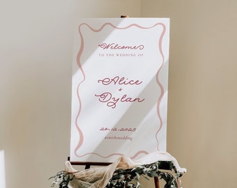 Scallop Edge Wedding Welcome Sign Template | Squiggle Wavy Welcome Sign | Wavy Edge Sign | Engagement Welcome Sign | Fun Pink Hens Party