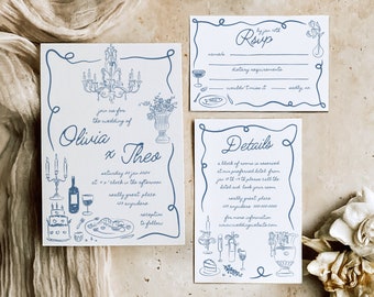 Hand Drawn Wedding Invitation Suite | Whimsical Invite | Fun Wedding Invitation | Handwritten illustrated Wedding | Italian French Wedding