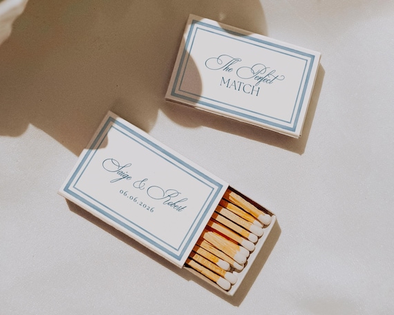 Blue Watercolor Wedding Matchbox Template: Personalized Favor (Digital Download)