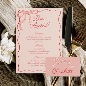 Bridal Shower Menü & Tischkarte Vorlage | Spaß-Brautparty | Brautparty-Menü | Pink Henne Wochenend-Dusche | Gewellte Schleife Braut | Tischkarten