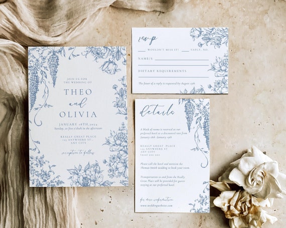 Dusty Blue Floral Wedding Invitation Suite: Toile De Jouy (Digital Download)