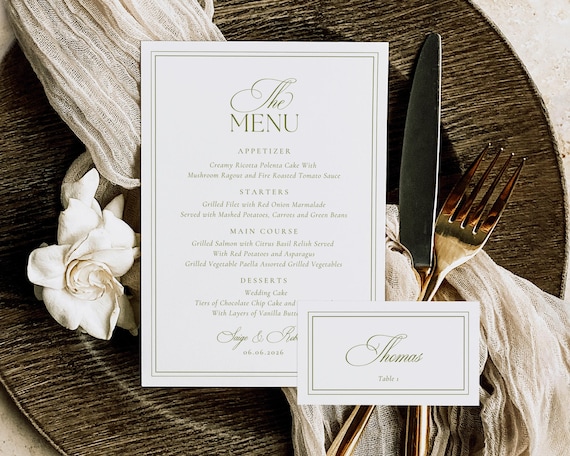 Sage Green Wedding Menu And Place Card: Elegant Reception Template (Digital Download)