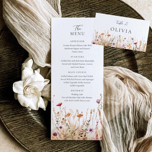 Modello per menu floreale di campo e modello di biglietto segnaposto, modello per menu floreale, menu per matrimonio floreale, biglietto segnaposto floreale, biglietto per gli ospiti del menu, matrimonio Boho