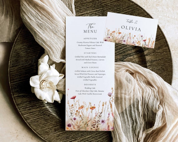 Floral Wedding Menu And Place Card: Colorful Wildflowers (Digital Download)