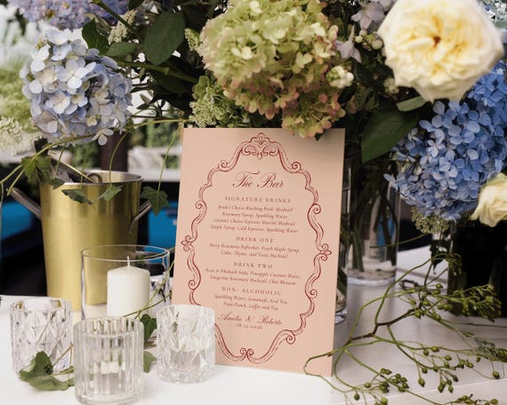 Burgundy Wedding Bar Menu Template: Vintage Frame Drinks Sign (Digital Download)