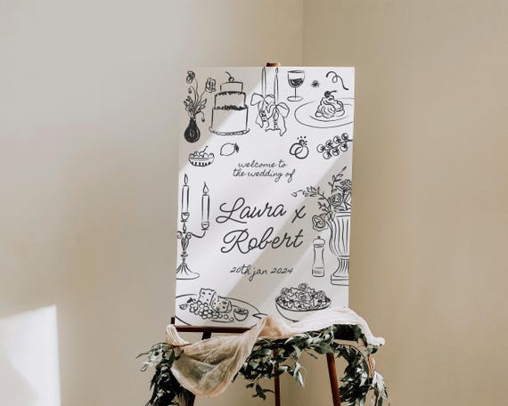 Hand-Drawn Wedding Welcome Sign: Whimsical Dinner Illustrations (Digital Download)